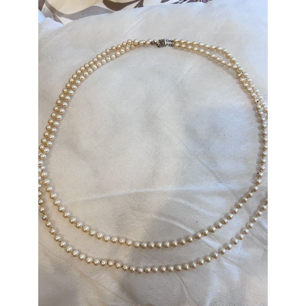 Vintage 30" Double Strand Layer Faux Pearl Hand Knotted Necklace Pave Closure